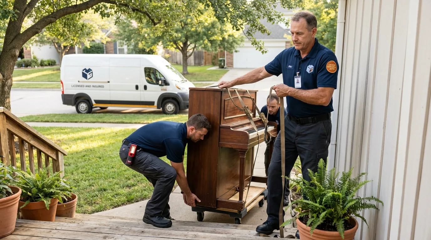 Licensed piano movers securing grand piano in Fergus Falls, MN
