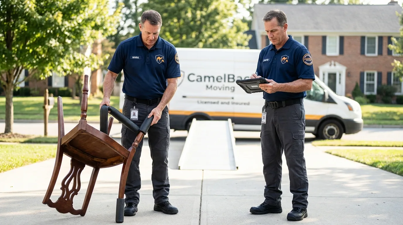Movers inspecting furniture for damage prevention before loading in Fergus Falls, MN