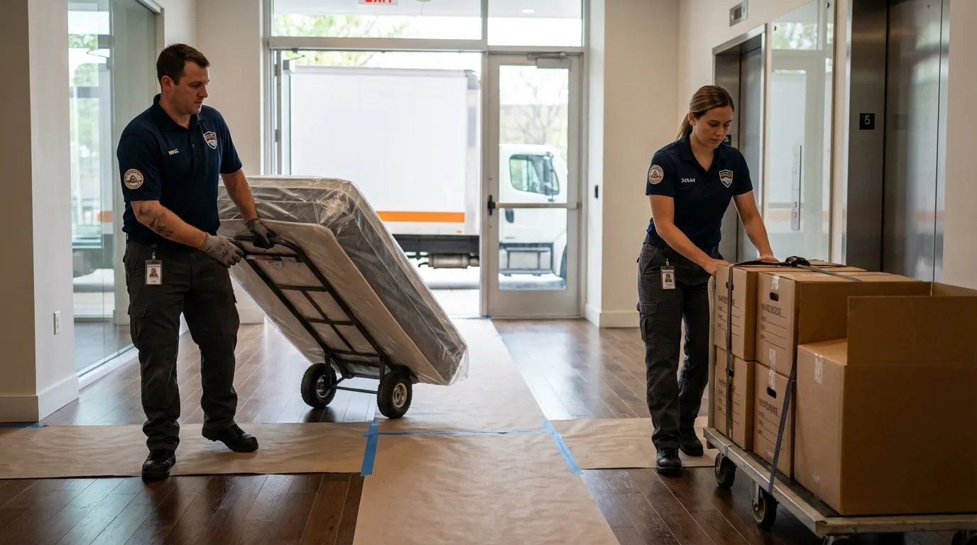 Professional apartment movers loading elevator in Fergus Falls, MN