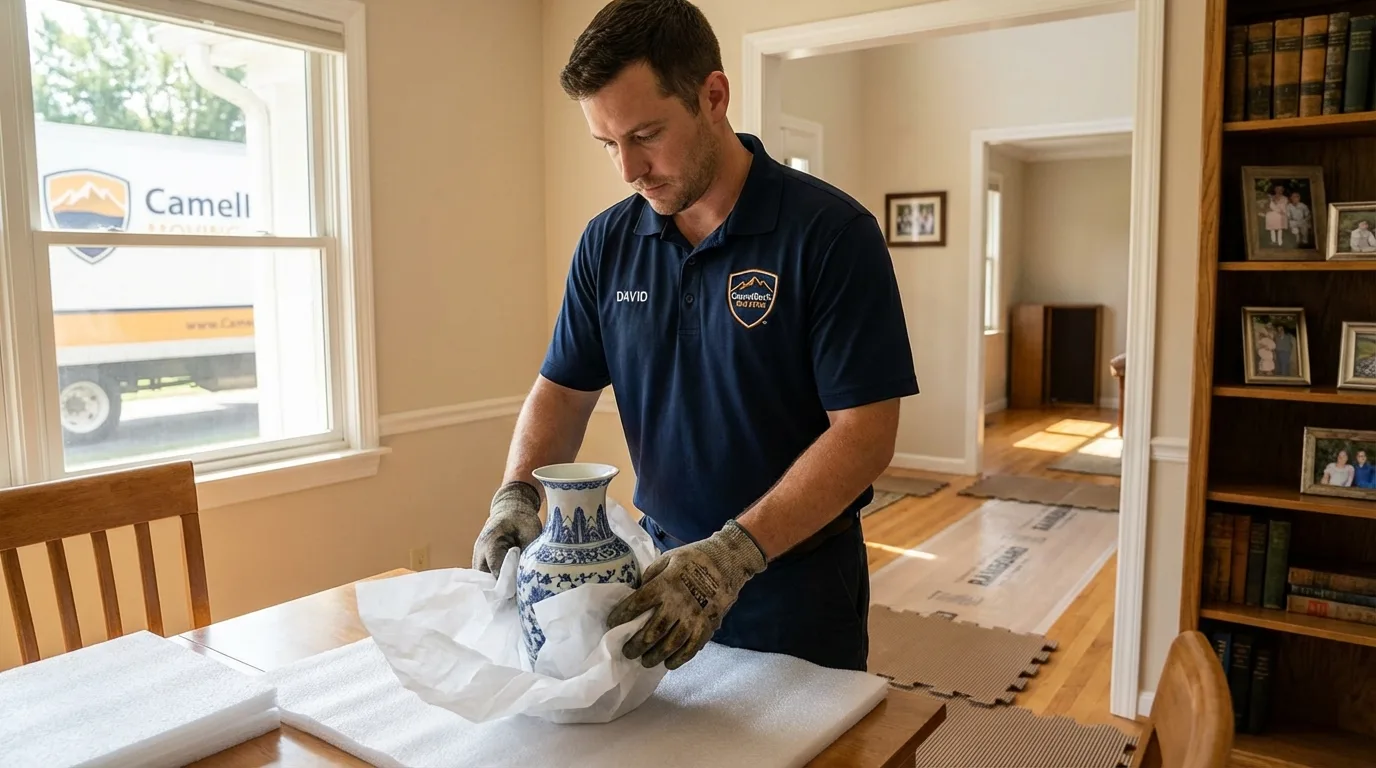 Professional crew carefully wrapping antique vase for senior downsizing move in Fergus Falls, MN